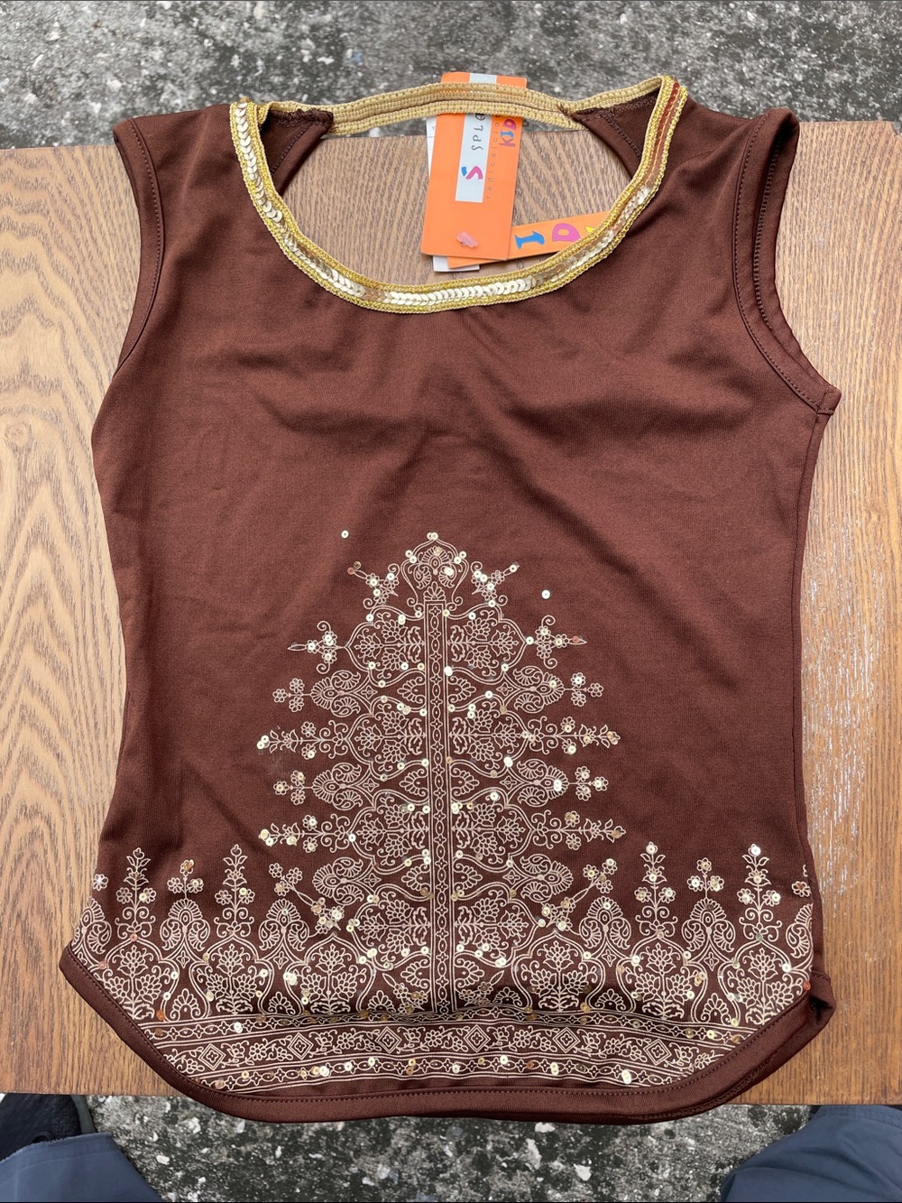 Brown Sleeveless Embellished Tank Top with Gold Trim